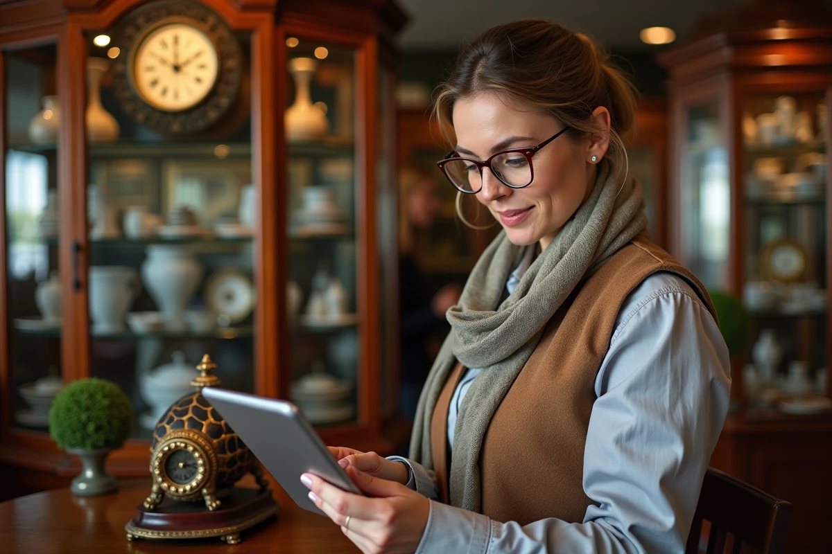Femme antiquaire examinant une horloge comtoise dans sa boutique