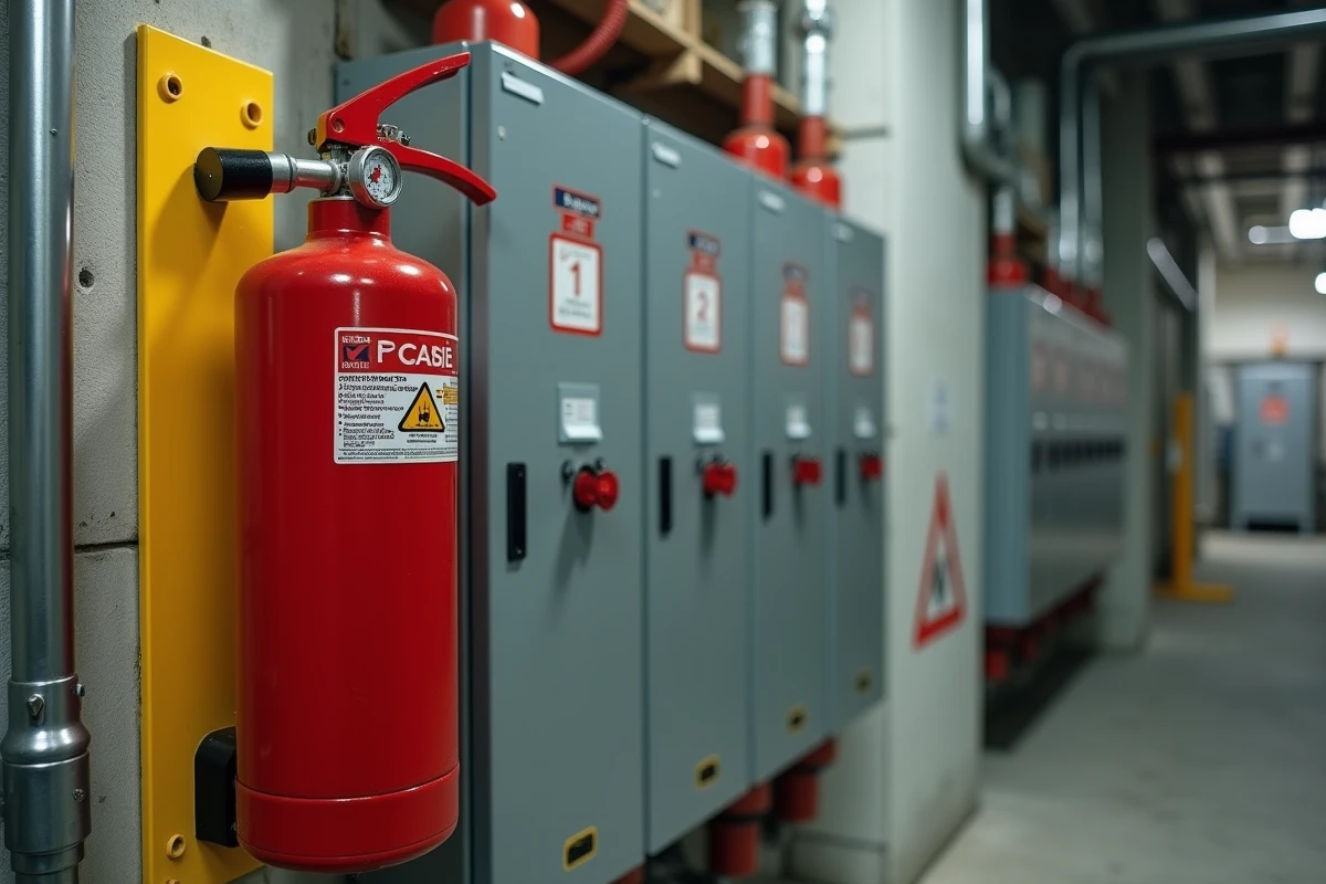 Extincteur CO2 rouge installé sur un support mural jaune à côté d'un tableau électrique industriel