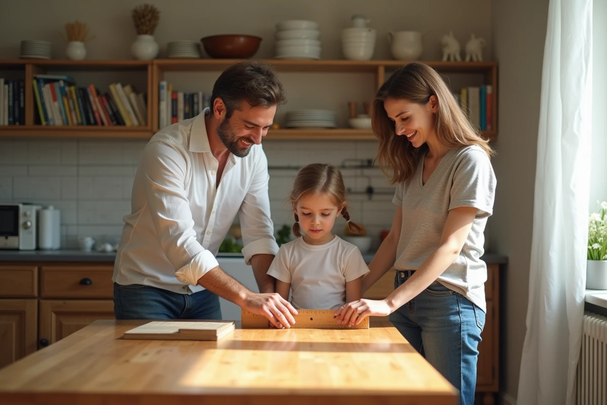 Famille française mesurant la hauteur de la table