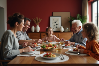 Famille multigenerational autour d'une table en bois dans une salle moderne