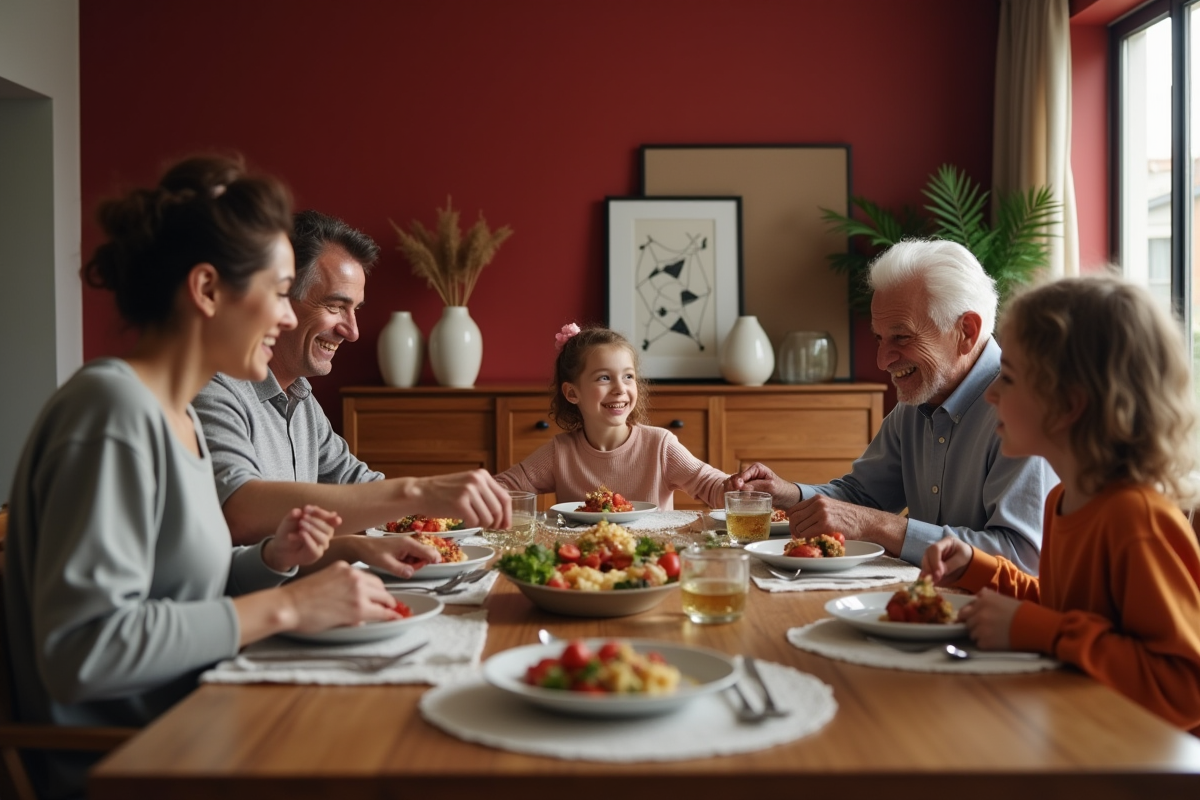 Famille multigenerational autour d'une table en bois dans une salle moderne