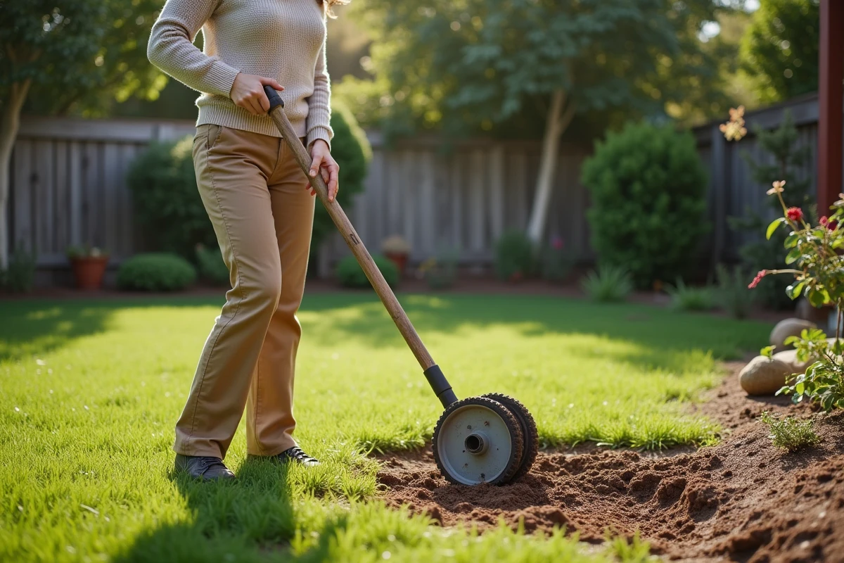 Jeune femme en pantalon kaki utilisant un aérateur de sol