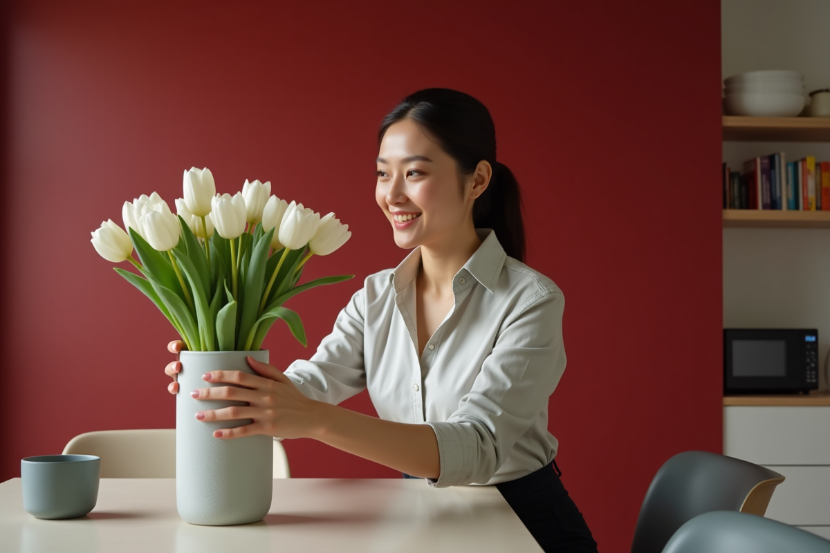 Jeune femme arrangeant un vase de tulipes blanches dans un intérieur moderne