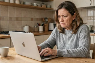 Femme consultant des avis en ligne sur une alarme Homiris depuis son domicile
