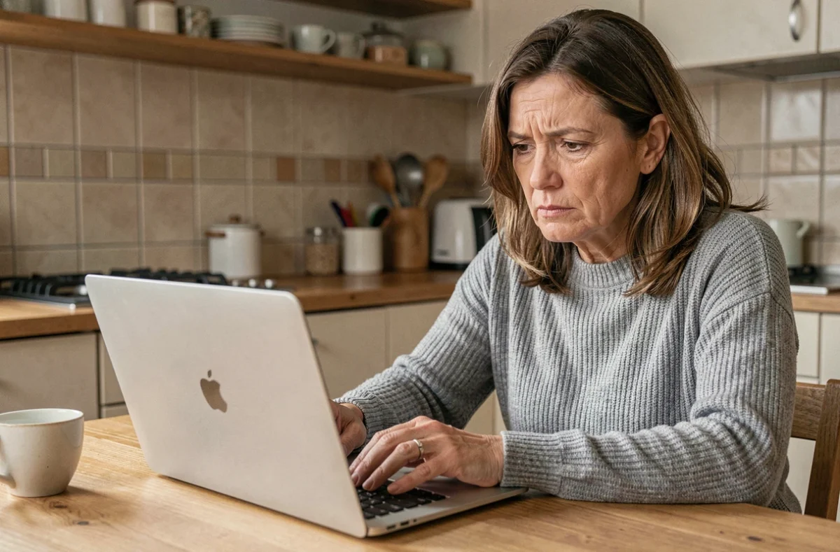 Femme consultant des avis en ligne sur une alarme Homiris depuis son domicile