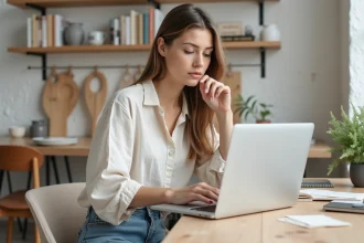 Femme consultant le blog Stootie Media sur un ordinateur portable pour un projet de décoration intérieure dans un bureau à domicile style scandinave