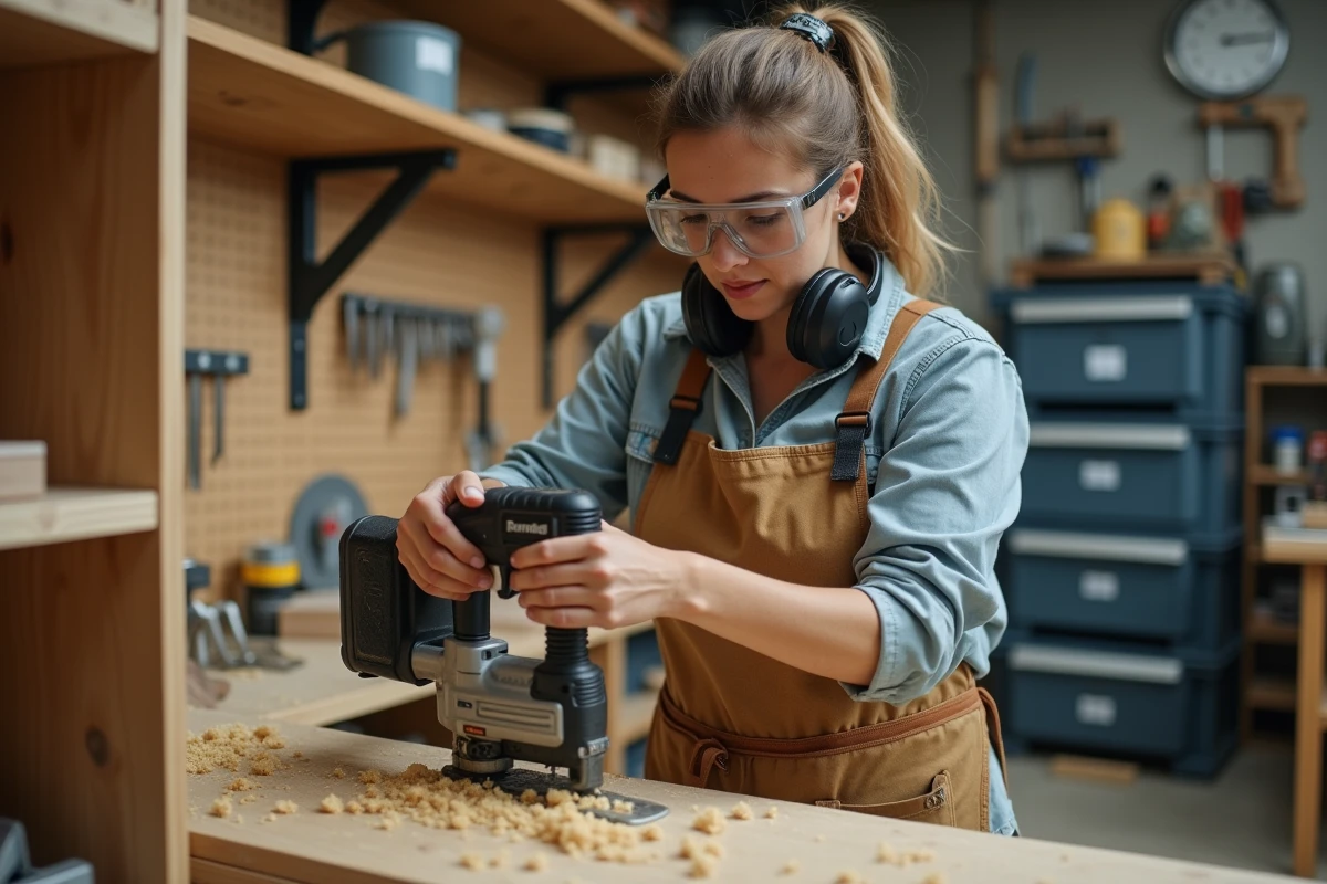 Femme bricolant en toute sécurité dans un atelier DIY avec lunettes de protection et tablier de travail