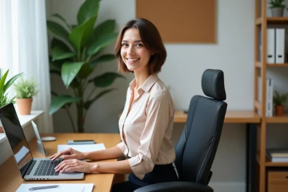 Femme assise ajustant sa chaise ergonomique au bureau