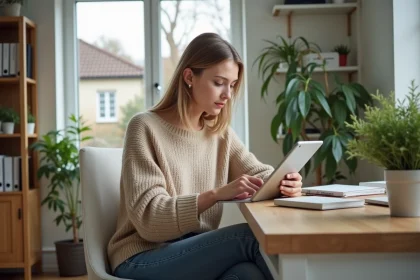 Jeune femme utilisant une tablette dans un bureau lumineux