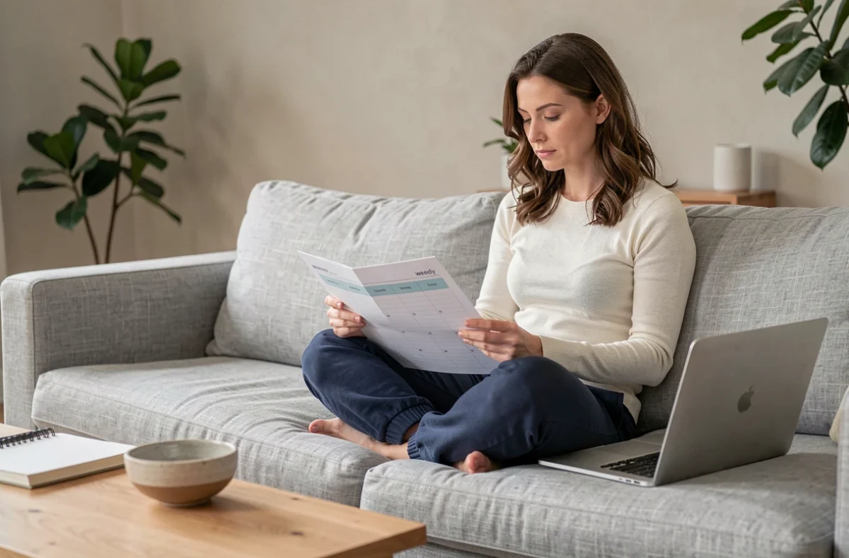 Femme assise sur un canapé gris consultant un semainier imprimé posé sur ses genoux, avec un ordinateur portable ouvert à côté, ambiance travail à domicile détendue