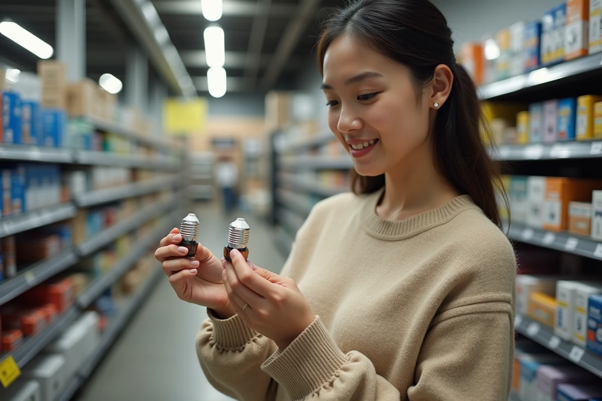 Jeune femme choisissant entre deux ampoules dans un magasin &eacute;lectrique