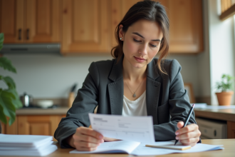 Femme tenant un chèque dans un cadre domestique chaleureux