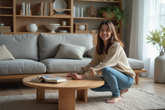 Femme souriante ajustant une table basse en bois dans un salon moderne