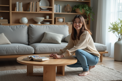 Femme souriante ajustant une table basse en bois dans un salon moderne
