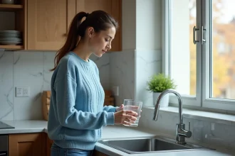 Femme dans sa cuisine moderne remplissant un verre d'eau