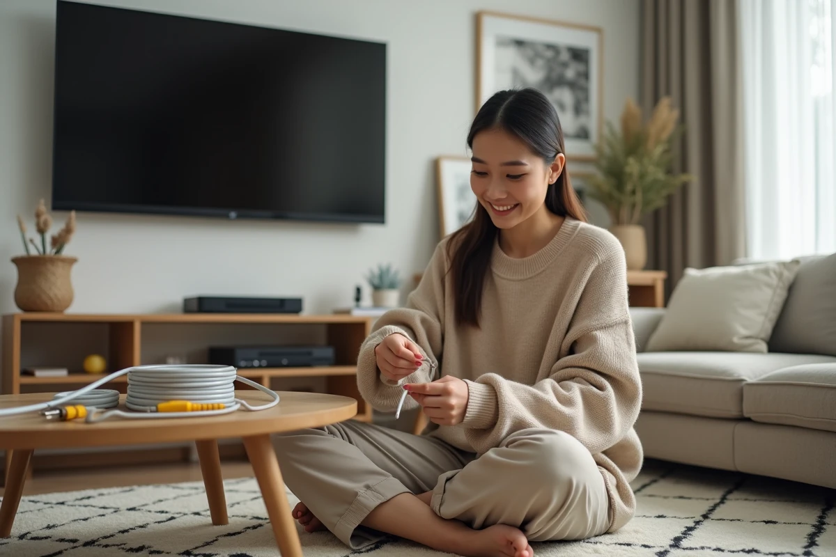 Jeune femme déballant un câble coaxial dans son salon