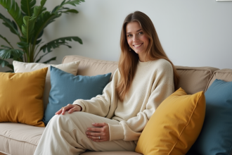 Femme relaxant sur canapé avec coussins décoratifs