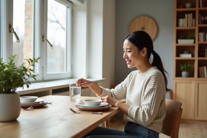 Femme détendue dans un appartement moderne en train de verser de l'eau