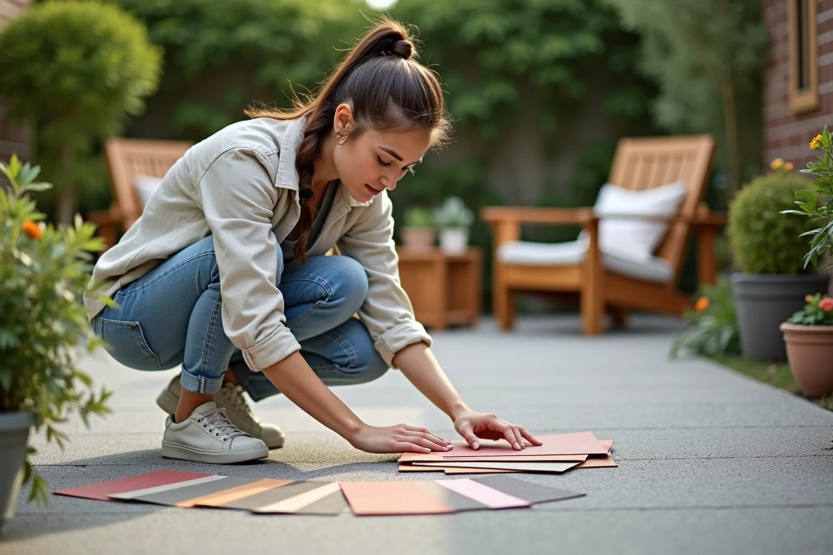 Jeune femme compare des échantillons de béton sur patio