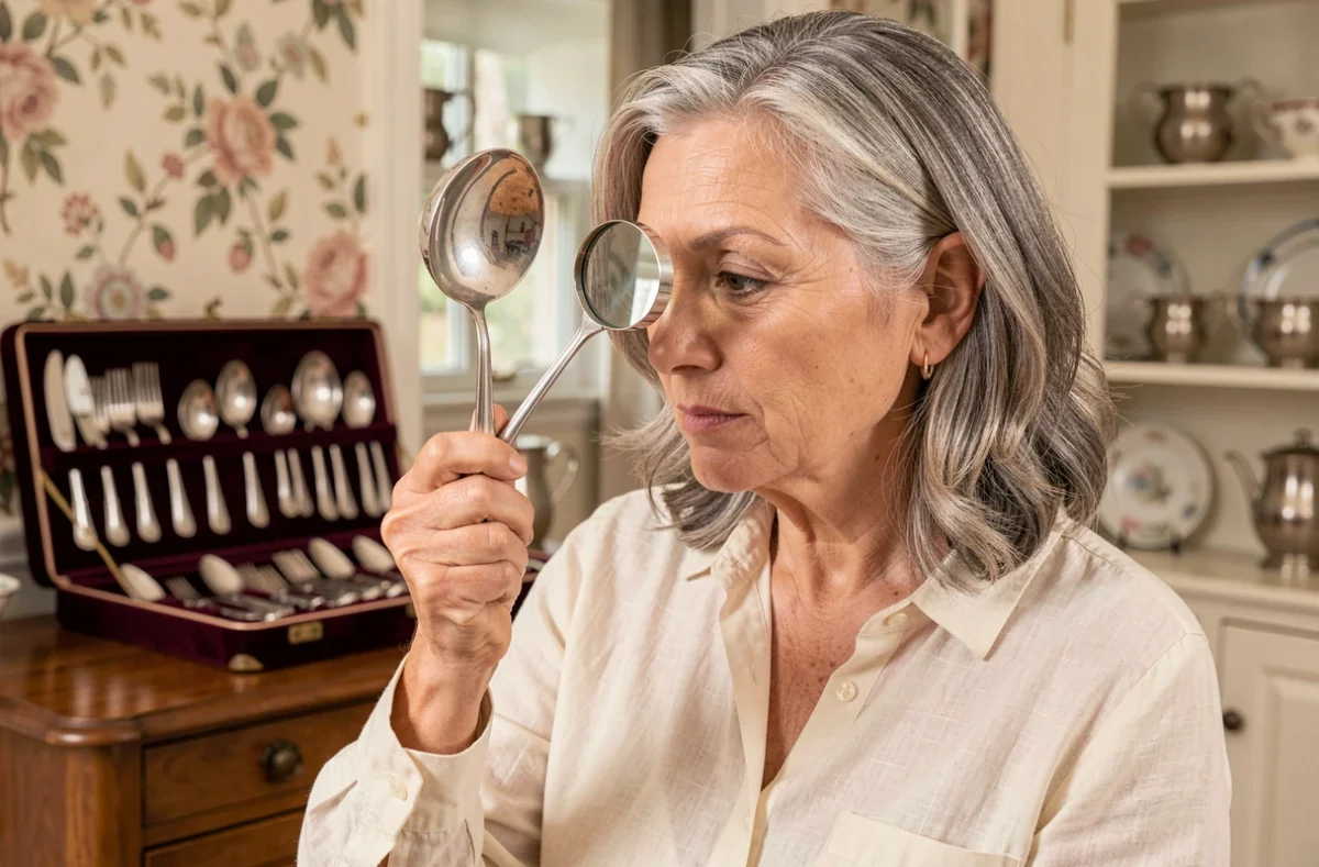 Femme examinant un poinçon sur une louche en argent avec une loupe dans un intérieur familial