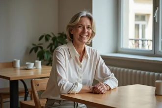 Femme française assise à une table en lin élégante