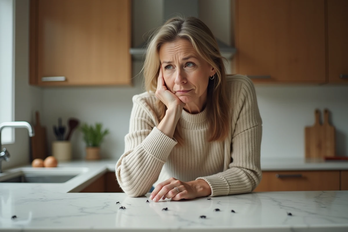 Femme d'âge moyen examine des insectes dans la cuisine