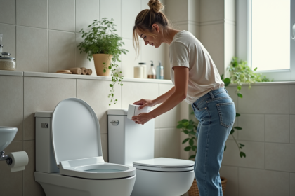 Femme inspectant un toilette moderne dans une salle de bain écologique