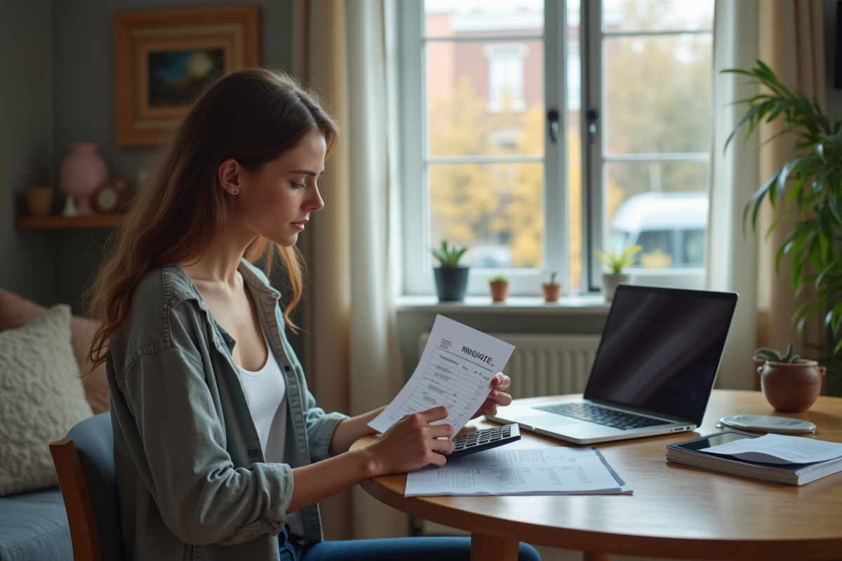Jeune femme examine une facture de plomberie à son bureau