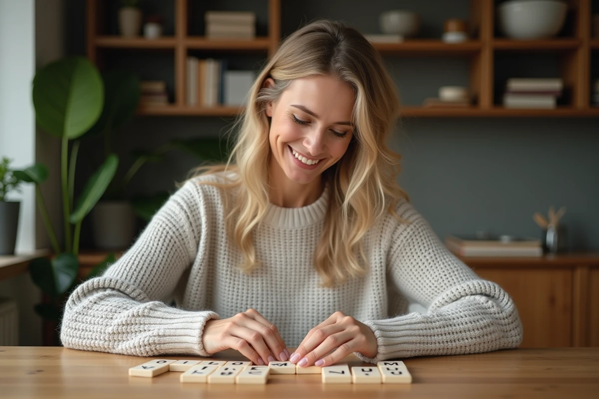Femme assise à la maison arrangeant des lettres pour former des mots français