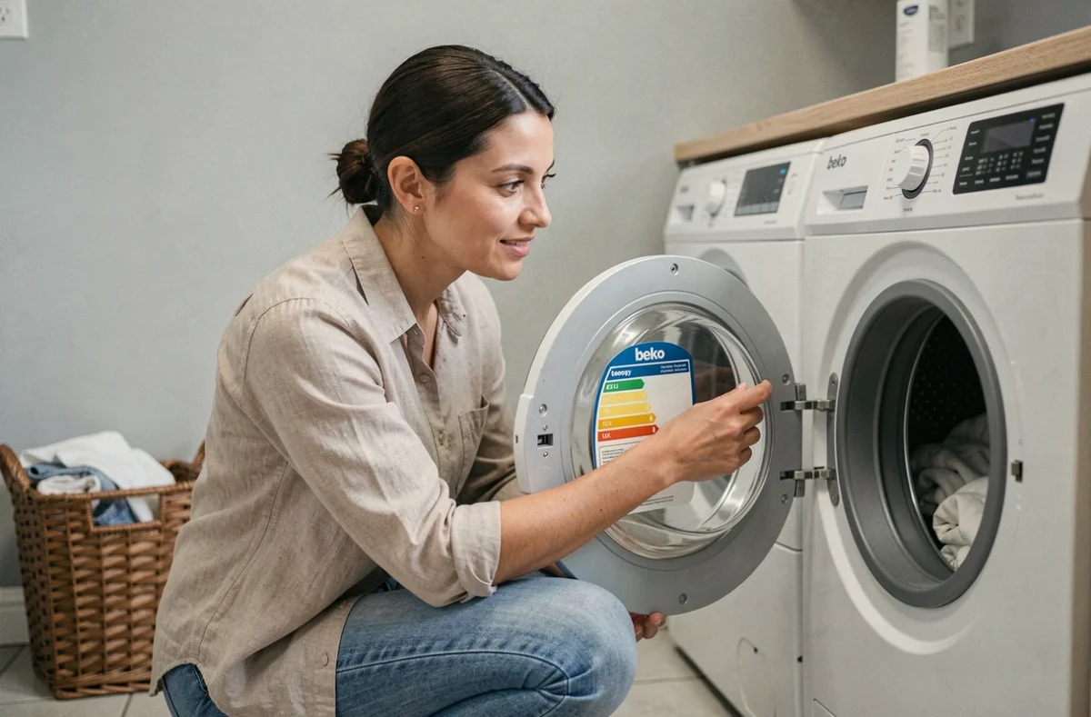 Femme inspectant l'étiquette énergie d'un lave-linge Beko dans une buanderie