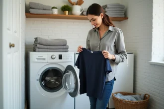 Femme lisant l'étiquette d'entretien d'un vêtement devant un lave-linge moderne dans une buanderie contemporaine