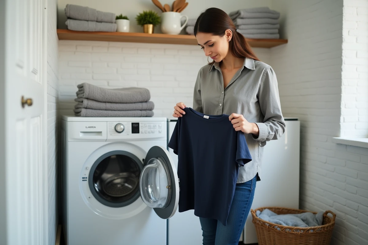 Femme lisant l'étiquette d'entretien d'un vêtement devant un lave-linge moderne dans une buanderie contemporaine