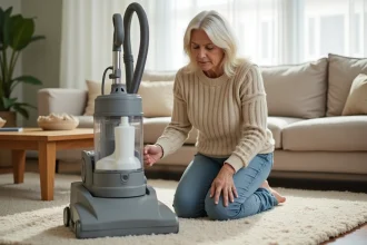 Femme lisant l'étiquette d'une lessive à côté d'une shampouineuse sur moquette beige dans un salon