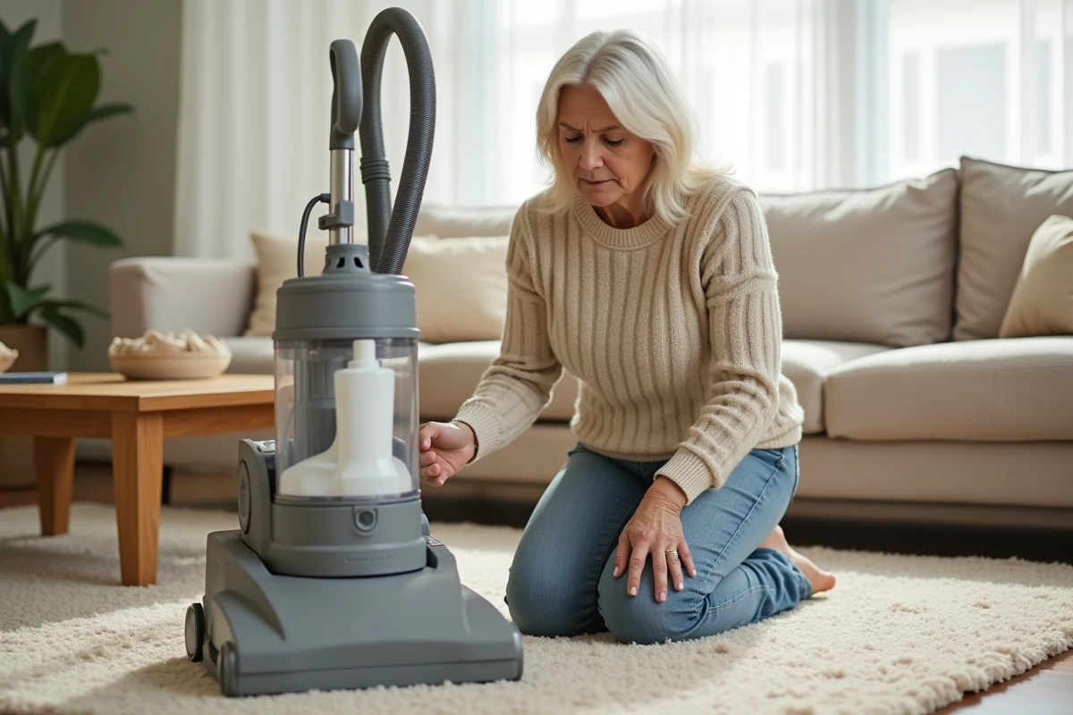 Femme lisant l'étiquette d'une lessive à côté d'une shampouineuse sur moquette beige dans un salon