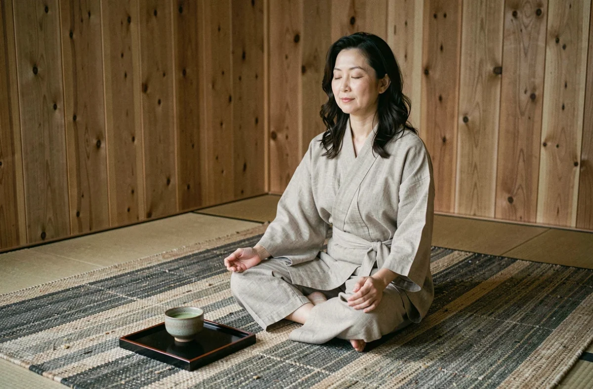 Femme japonaise en robe en lin assise en méditation sur un grand tapis en chanvre tissé dans une pièce minimaliste wabi-sabi