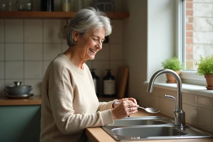 Femme nettoyant une cuill&egrave;re en argent dans la cuisine