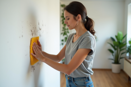 Femme en train de nettoyer un mur blanc dans un appartement moderne
