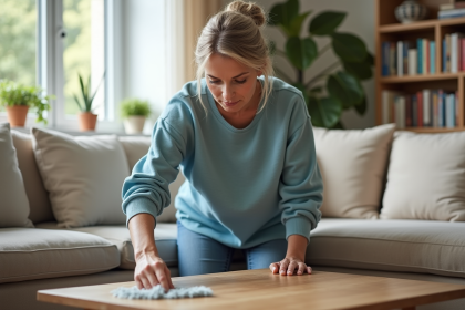 Femme d'âge moyen nettoyant une table en bois dans un salon lumineux