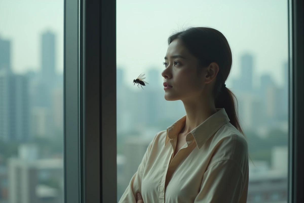 Femme pensive regardant une mouche sur la vitre de son appartement moderne, illustrant la réflexion sur la signification spirituelle d'une invasion de mouches