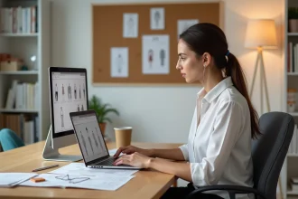 Jeune femme travaillant sur un plan 3D d'une armoire