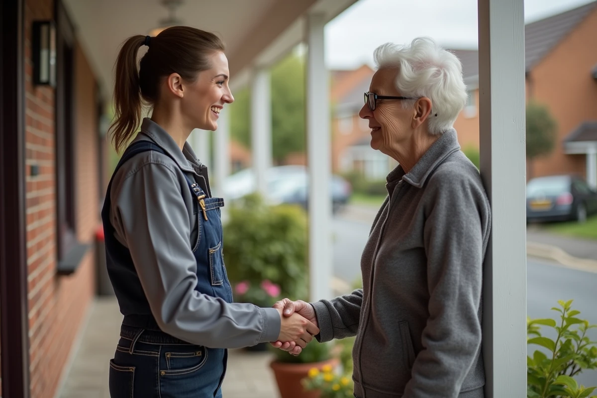 Femme plombier souriante serre la main à une retraitée devant une maison