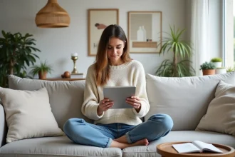 Femme assise sur un canapé en lin gris consultant un quiz de style déco sur une tablette dans un salon scandinave bohème