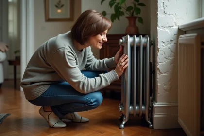 Femme souriante pr&egrave;s d'un radiateur en fonte dans un salon chaleureux