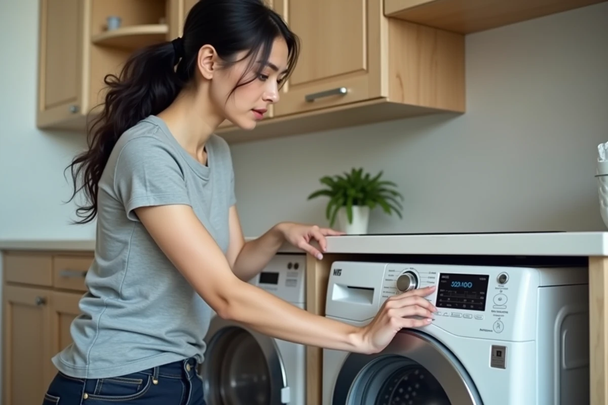 Femme utilisant le panneau de réglage d'un lave-linge Whirlpool 9 kg au quotidien dans une buanderie lumineuse