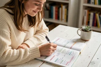 Jeune femme écrivant dans un semainier imprimé posé sur un bureau en bois, ambiance cosy et organisée dans un bureau à domicile