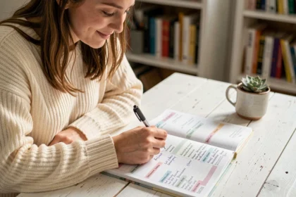 Jeune femme écrivant dans un semainier imprimé posé sur un bureau en bois, ambiance cosy et organisée dans un bureau à domicile