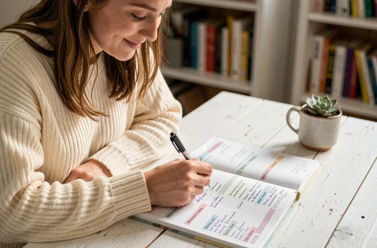Jeune femme écrivant dans un semainier imprimé posé sur un bureau en bois, ambiance cosy et organisée dans un bureau à domicile