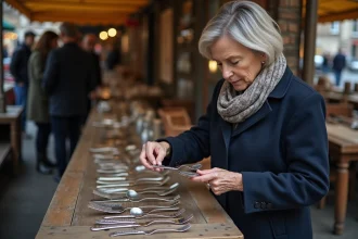 Femme examinant des couverts en argent ancien lors d'un marché