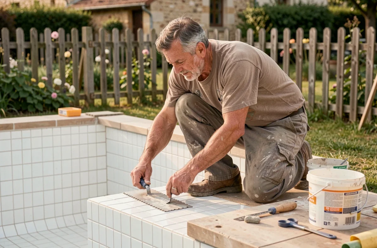 Artisan de Filipovic SARL posant des mosaïques à l'intérieur d'un bassin de piscine dans un jardin de campagne française