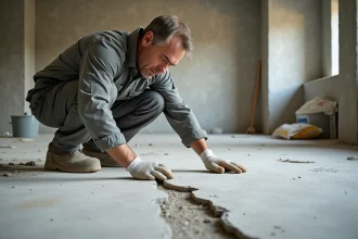 Ouvrier inspectant des fissures dans une chape ciment mal dosée sur un chantier résidentiel